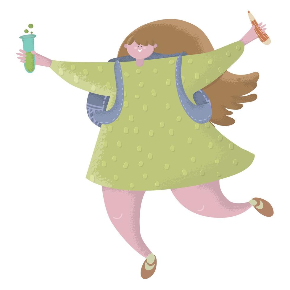 personaje feliz colegiala o estudiante. adolescente feliz está saltando, sonriendo y bailando. Ilustración de vector creativo sobre fondo blanco. niña con mochilas, pencl