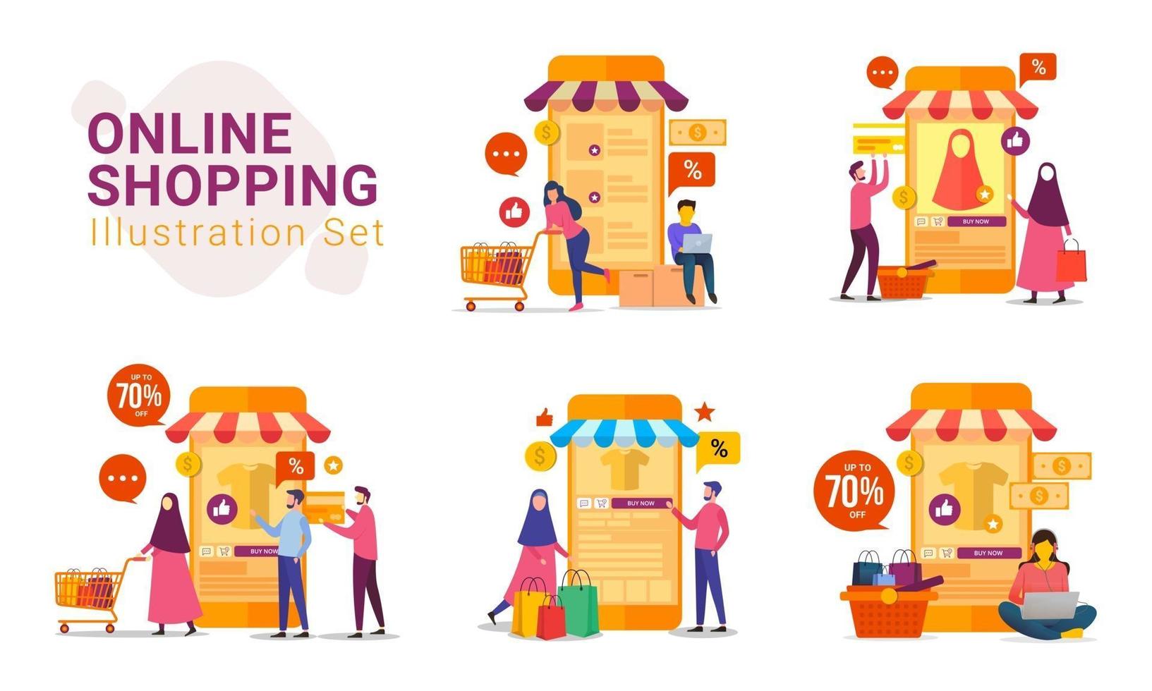Online shopping with mobile device vector illustration set