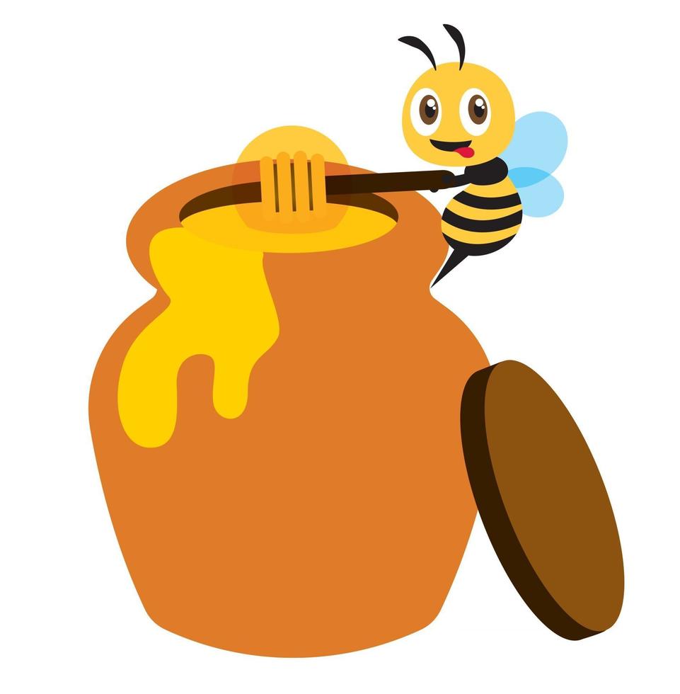 Flat art cartoon cute bee use honey dipper to take honey from honey pot vector