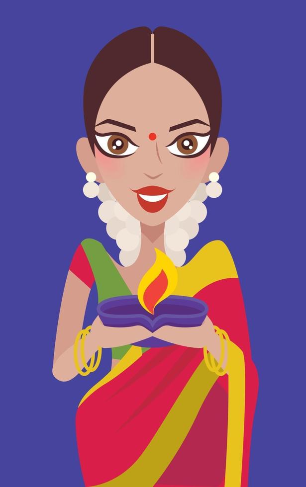 feliz diwali. hermosa mujer india tenencias arcilla diya lámpara de aceite, festiva de luces vector