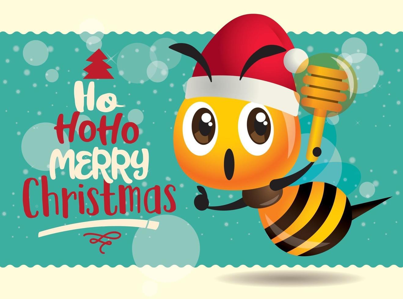 Feliz Navidad. Linda abeja sosteniendo un cazo de miel con un gran letrero turquesa. feliz navidad letras tarjeta de felicitación vector