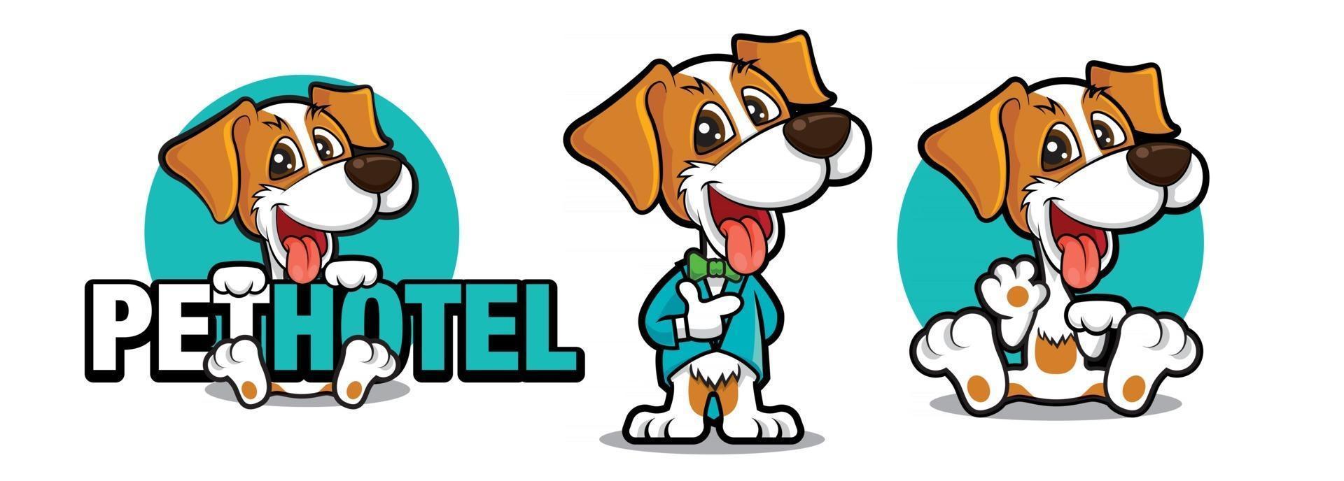 mascota de perro lindo de dibujos animados con esmoquin sosteniendo un gran letrero y agitando la mano vector