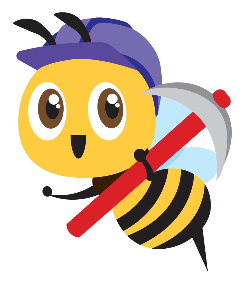 Cartoon cute bee wearing purple safety cap and holding a hoe tool. Cute mascot smiling bee vector