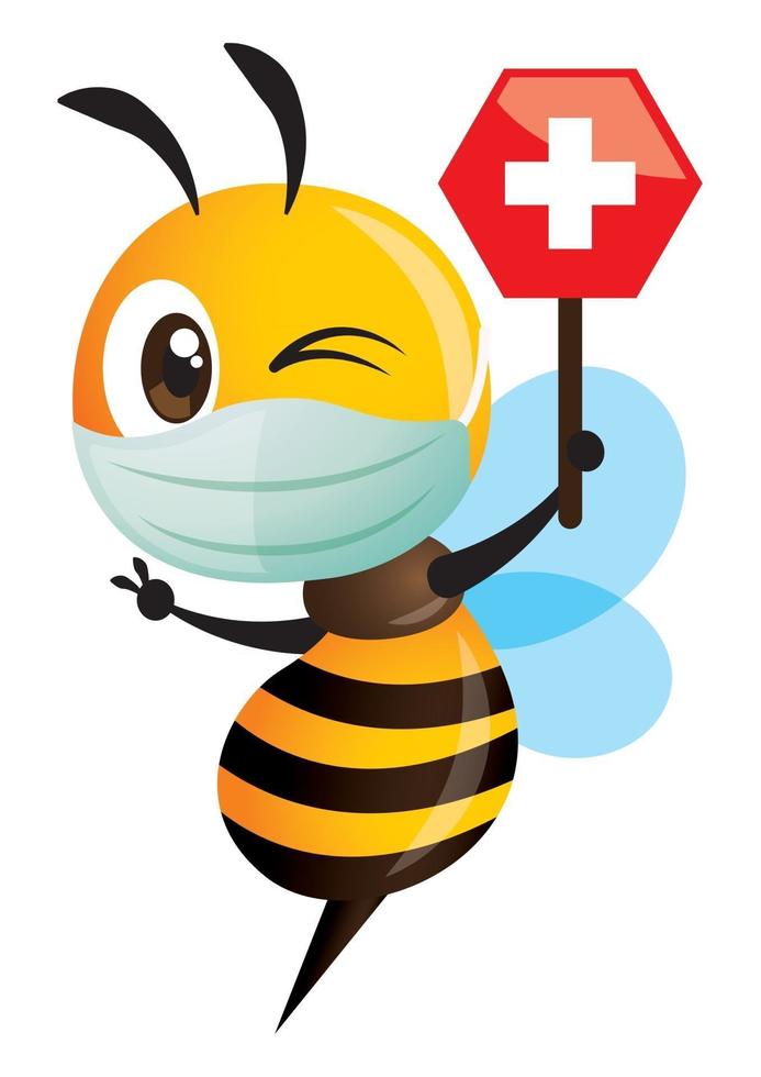 Cartoon cute bee wearing protective surgical mask and holding a medical cross on honey shape signage vector