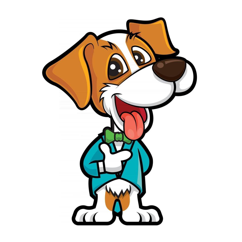 Cute dog wears tuxedo with bowtie. Pet hotel vector illustration mascot