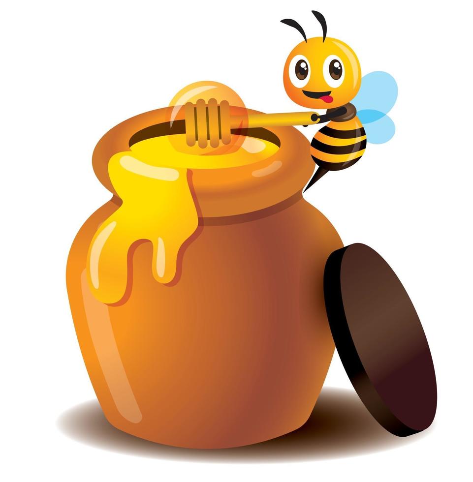 Cartoon cute bee use honey dipper to take honey from honey pot 2753028