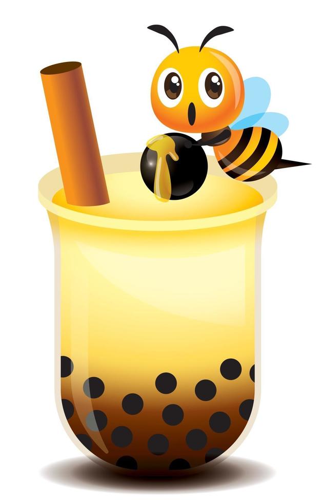 abeja linda de dibujos animados vertiendo la miel de la olla en la taza de té de burbujas. vector