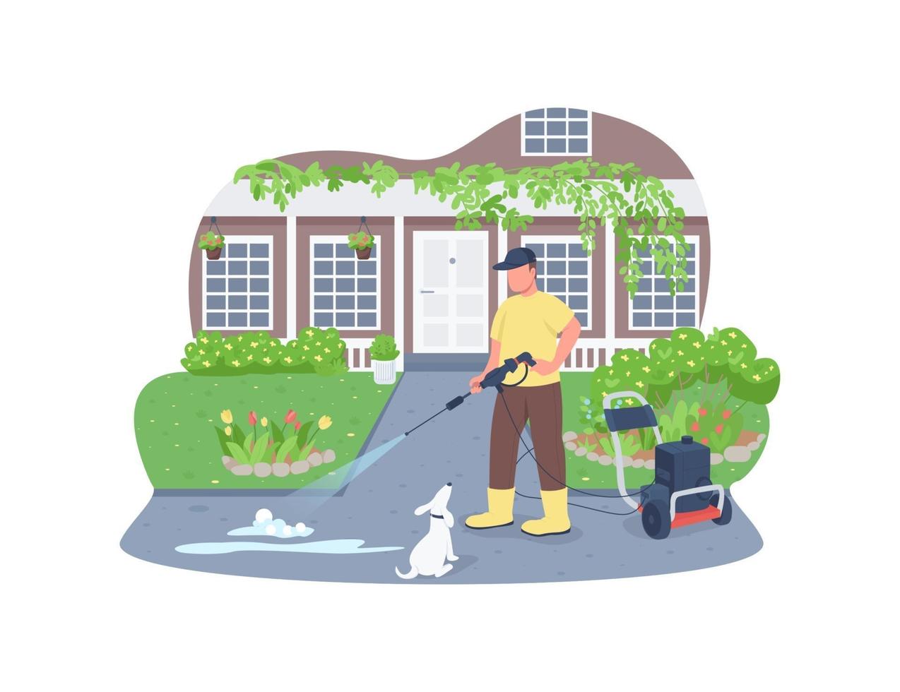 Sidewalk cleaning with power wash gun 2D vector web banner, poster