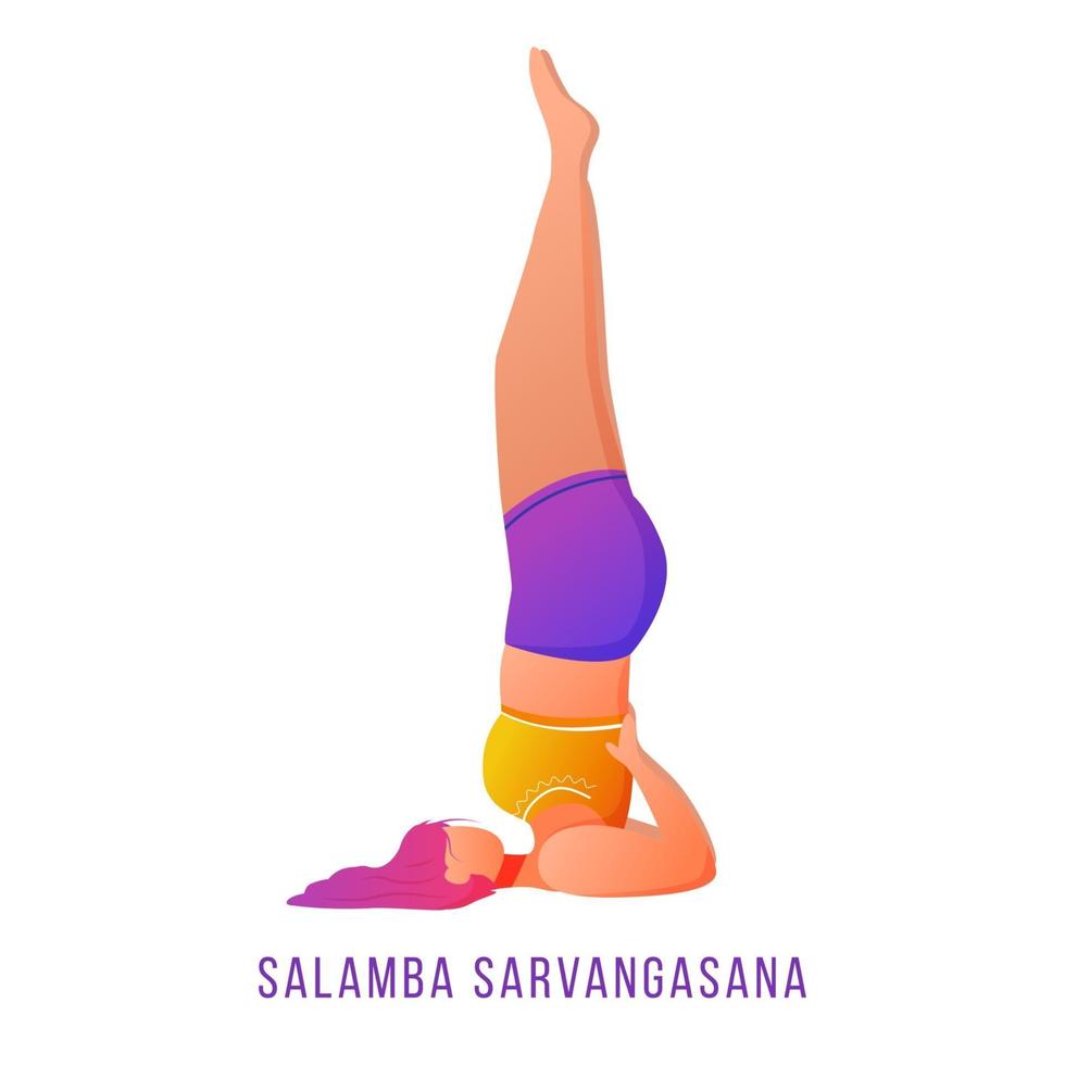 Salamba Savargasana flat vector illustration. Supported shoulderstand. Caucausian woman doing yoga in orange and purple sportswear. Workout, fitness. Isolated cartoon character on white background