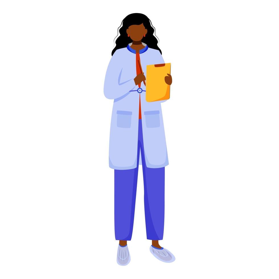 Scientist with clipboard and pen flat vector illustration. Writing down experiment details. Documenting and describing. Woman in blue lab coat isolated cartoon character on white background