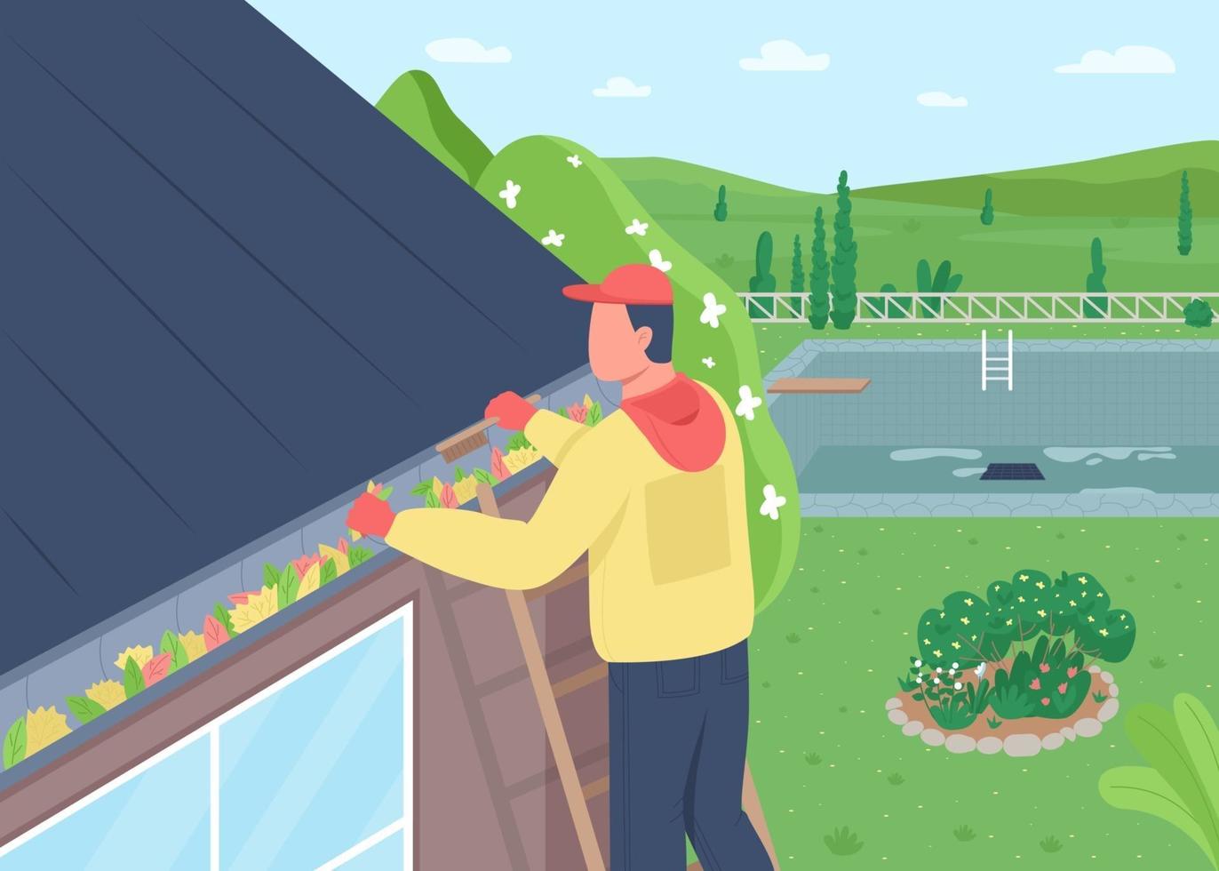 Cleaning leaves from house roof flat color vector illustration