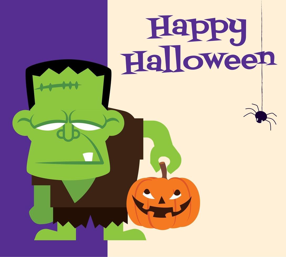 feliz Halloween. personaje de monstruo de dibujos animados con calabaza con título de halloween vector