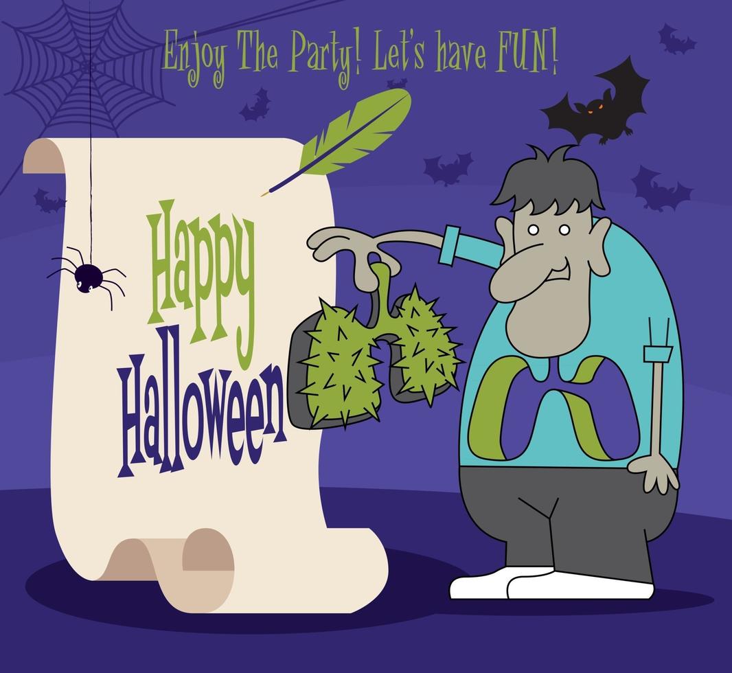feliz Halloween. personaje de monstruo de dibujos animados sosteniendo pulmones con rollo de papel retro vector