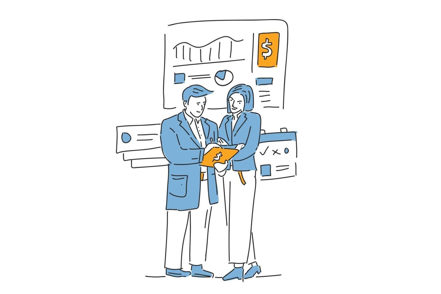 man and woman read report business illustration hand draw vector