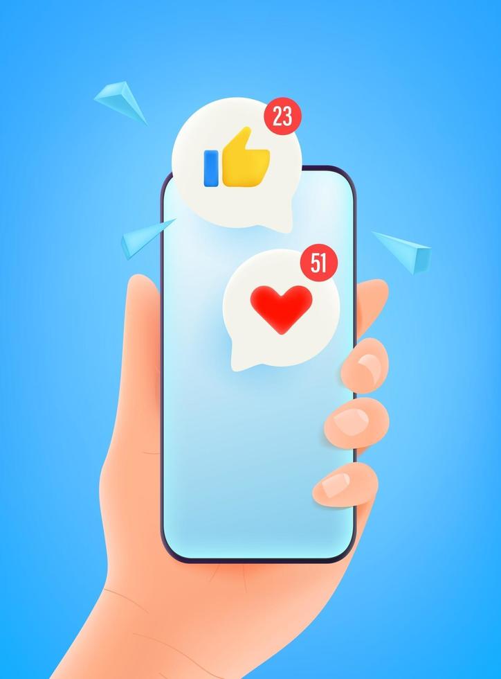 Cartoon style hand holding modern cell phone. Social media respect concept vector