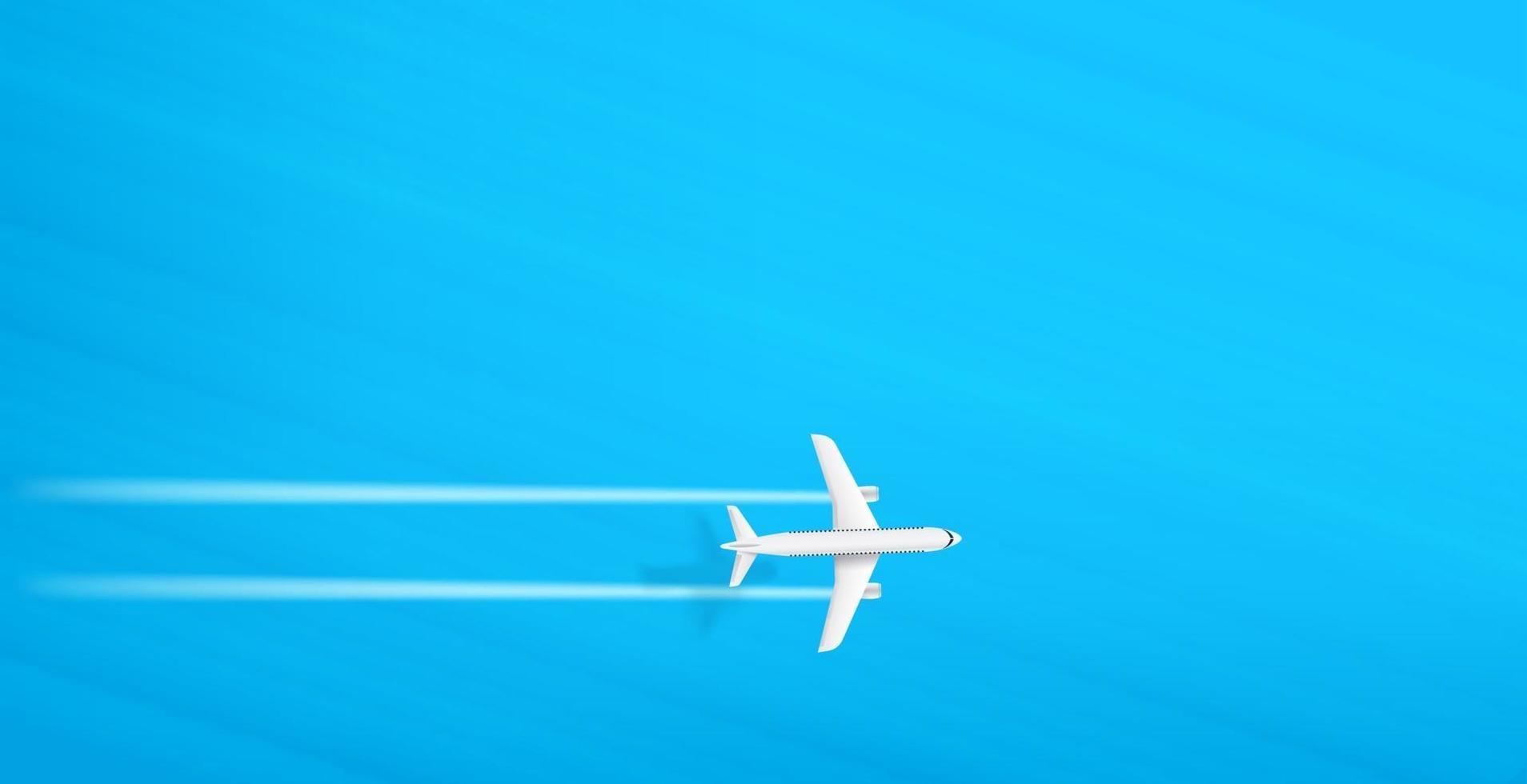 Jetliner flight above the blue sea on top speed. Aircraft with turbines trace and shadow. Horizontal banner vector