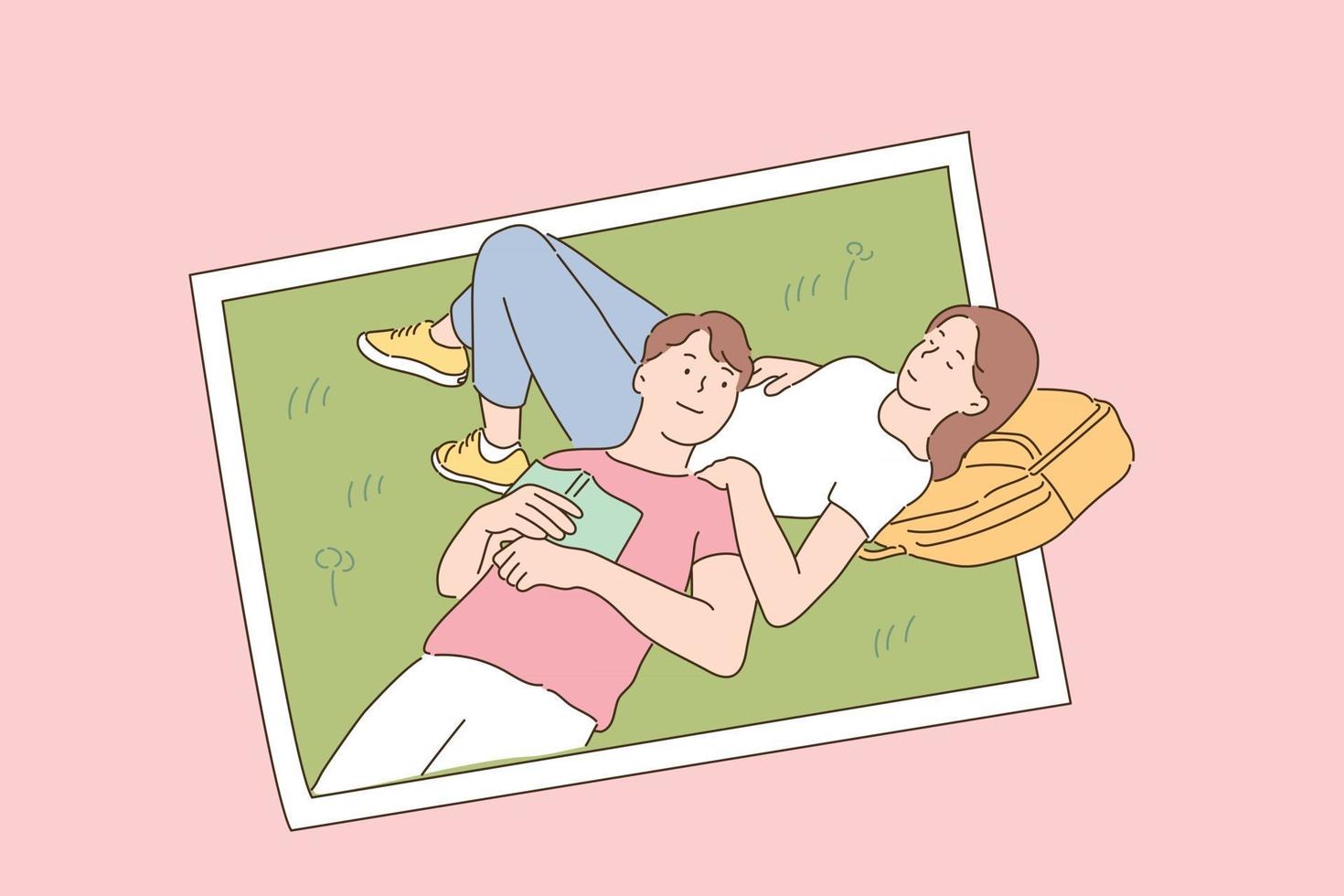 A couple is relaxing and lying together on the lawn. photo concept. vector