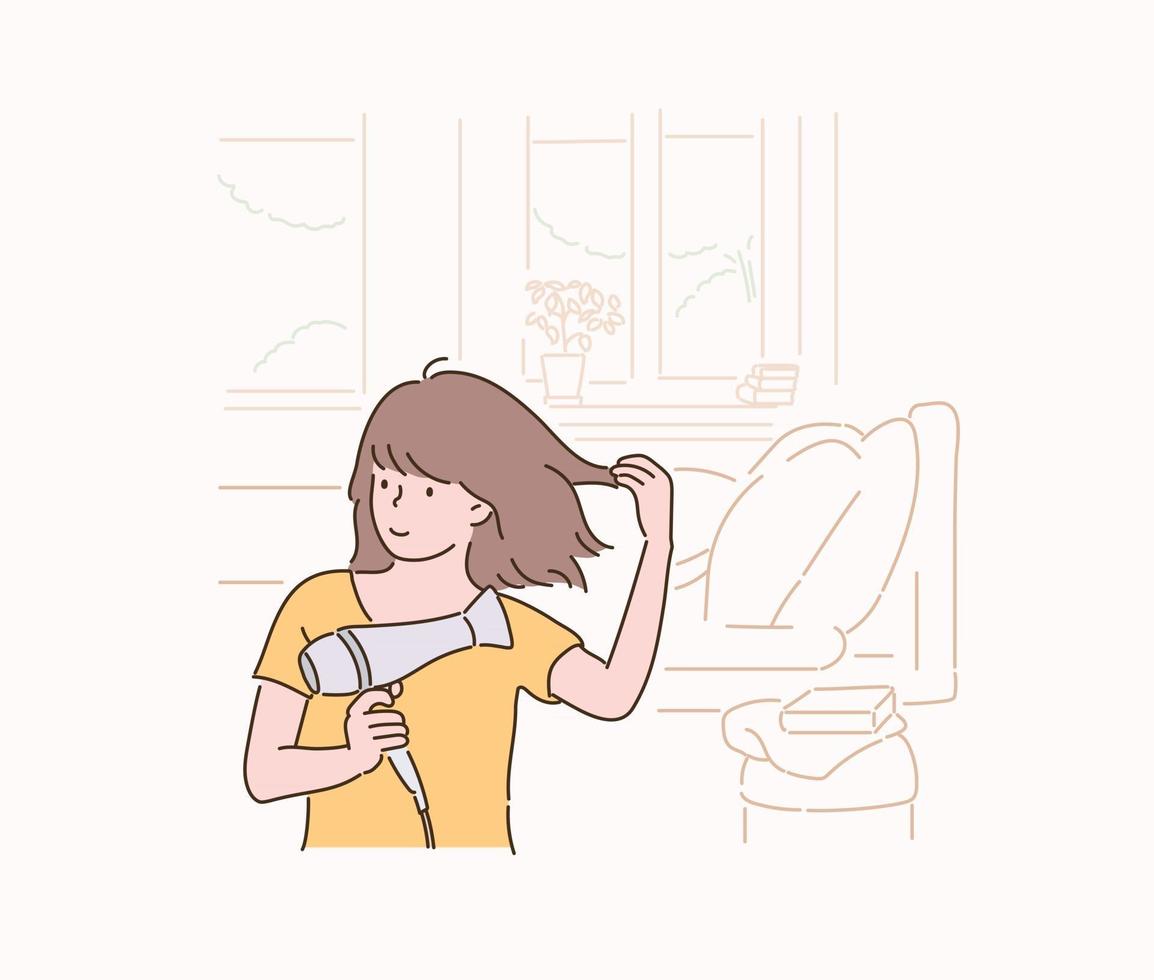 A woman is drying her hair with a hair dryer. vector