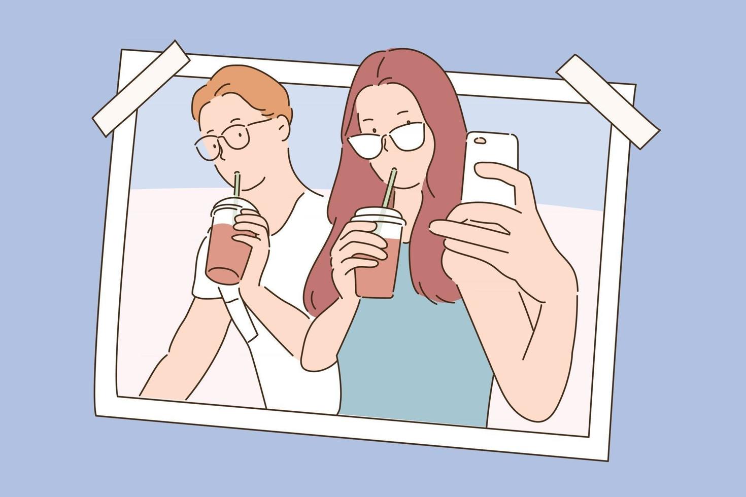 A couple is taking a selfie while having a drink. photo concept. vector