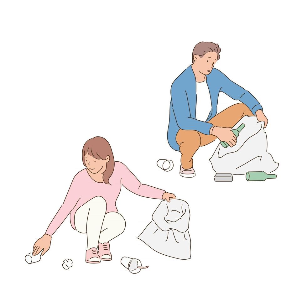 A man and a woman are picking up trash on the floor. vector