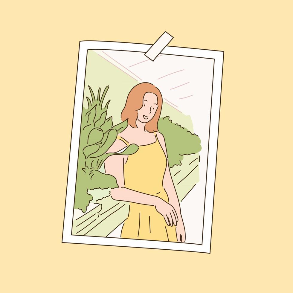 A woman in a dress is standing among the trees. photo concept. vector