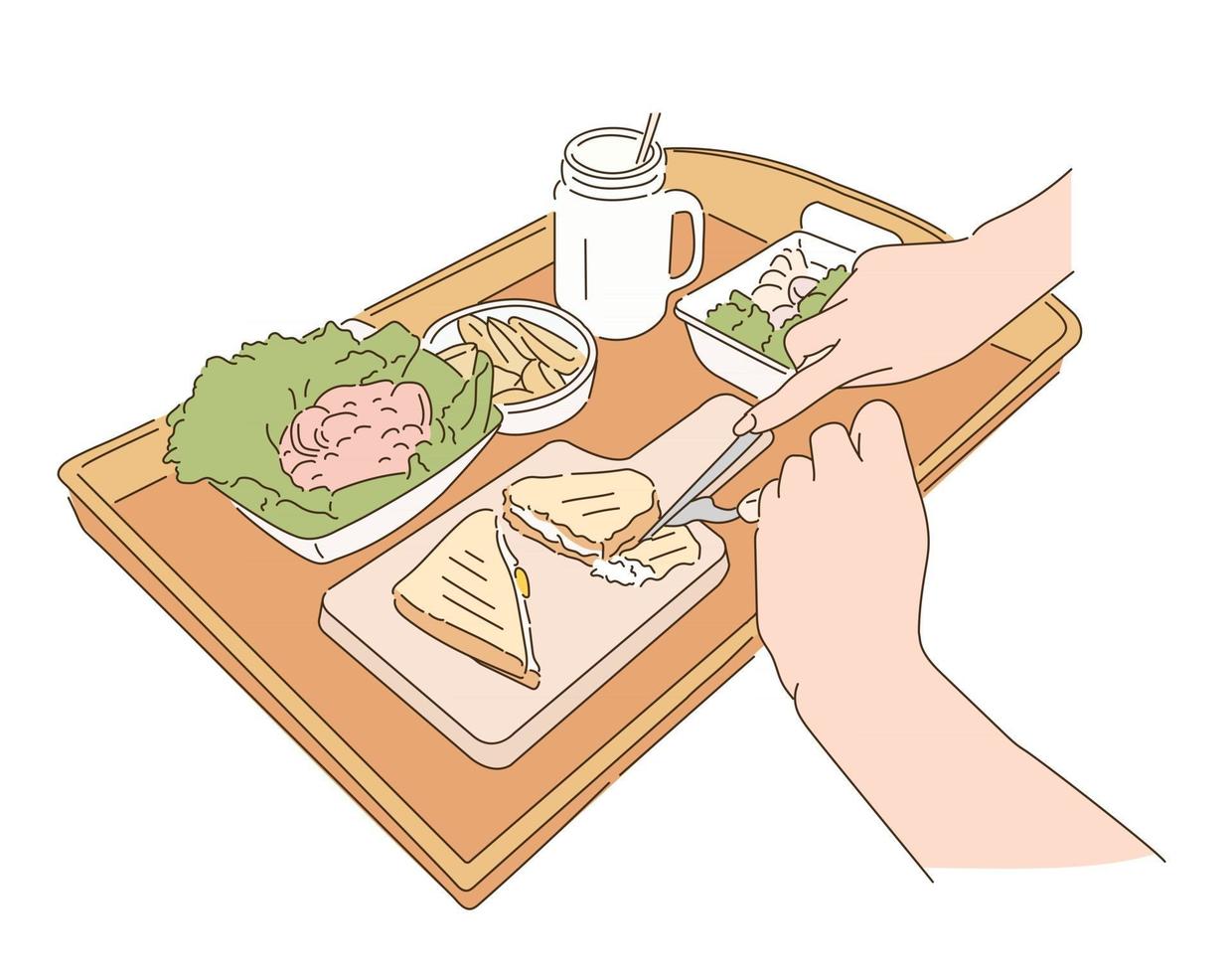 Close-up of a hand eating food on a tray. vector