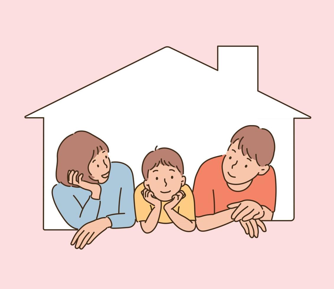 Three people are sticking out of a house-shaped frame. vector