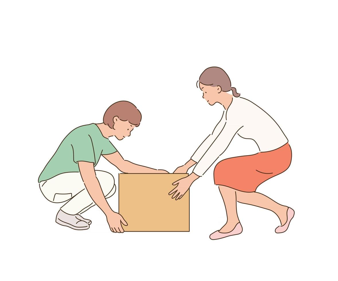 Two women are trying to lift a box together. vector