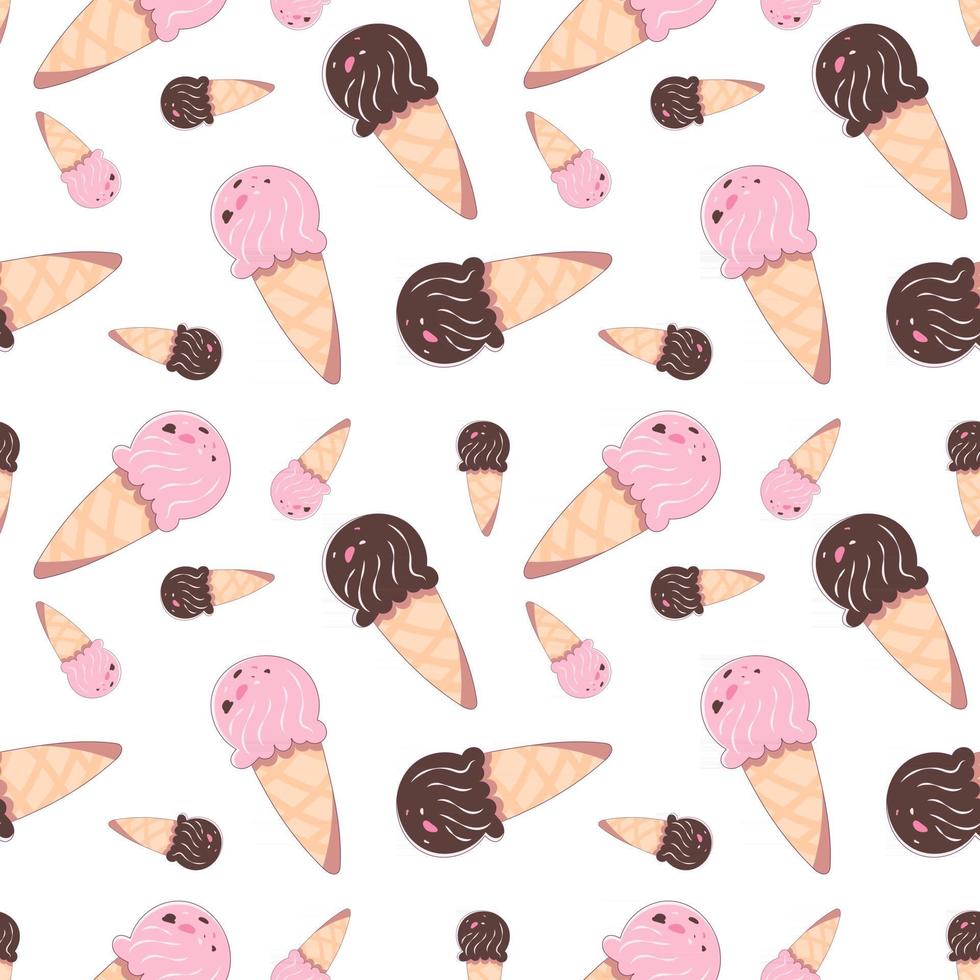 Seamless pattern with ice cream in a waffle cone. Vector illustration in gentle pink and chocolate shades. Endless texture with sweet dessert