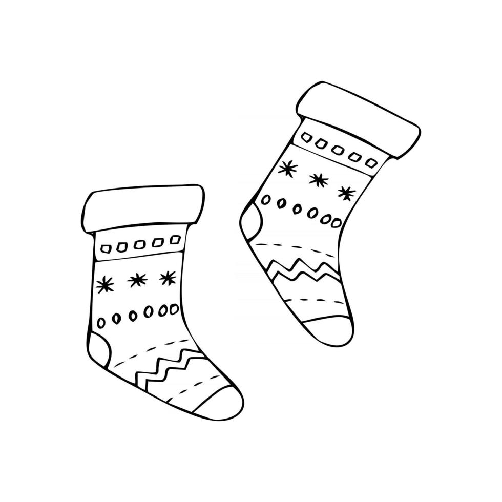 Christmas socks icon isolated on white background. Vector illustration in doodle hand draw style. New year winter garment