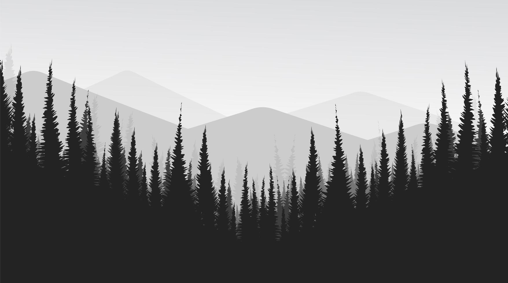 Vector Black and White Mountain landscape with Pine Forest,foggy and mist concept design.