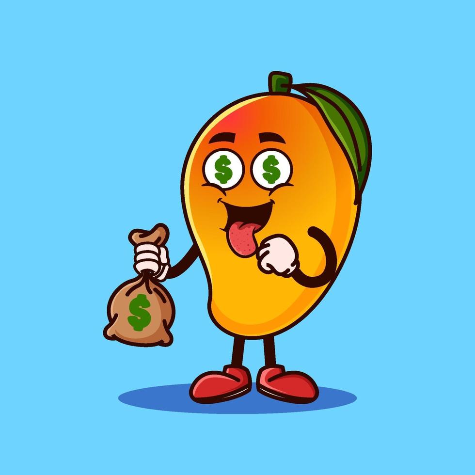 Cute Mango fruit character with money eyes and holding money bag. Fruit character icon concept isolated. Emoji Sticker. flat cartoon style Vector