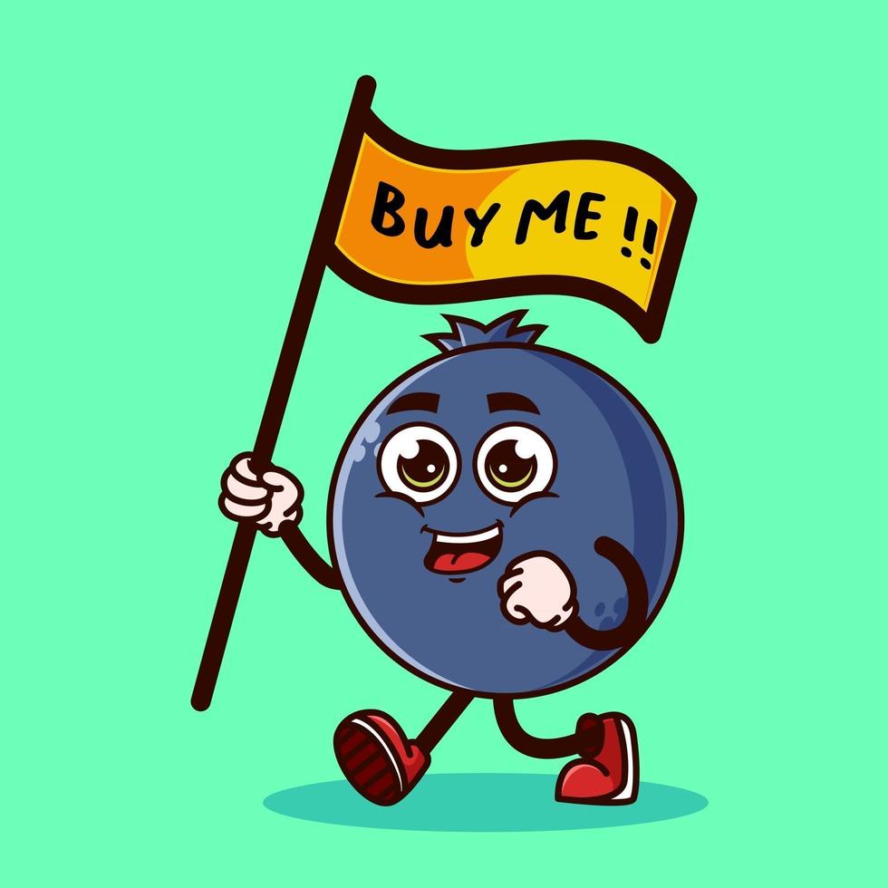 Cute Blueberry fruit character with carrying a flag that says buy me . Fruit character icon concept isolated. Emoji Sticker. flat cartoon style Vector