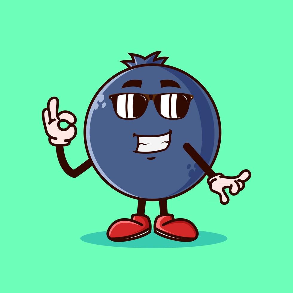 lindo personaje de fruta de arándano con gafas y gesto de mano ok. concepto de icono de personaje de fruta aislado. estilo de dibujos animados plana vector premium