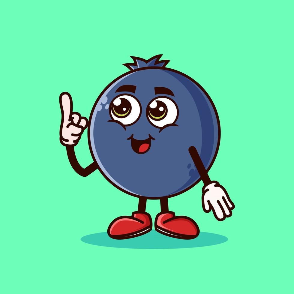 Lindo personaje de fruta de arándano con cara feliz y gesto apuntando hacia arriba. concepto de icono de personaje de fruta aislado. pegatina emoji. vector de estilo de dibujos animados plana