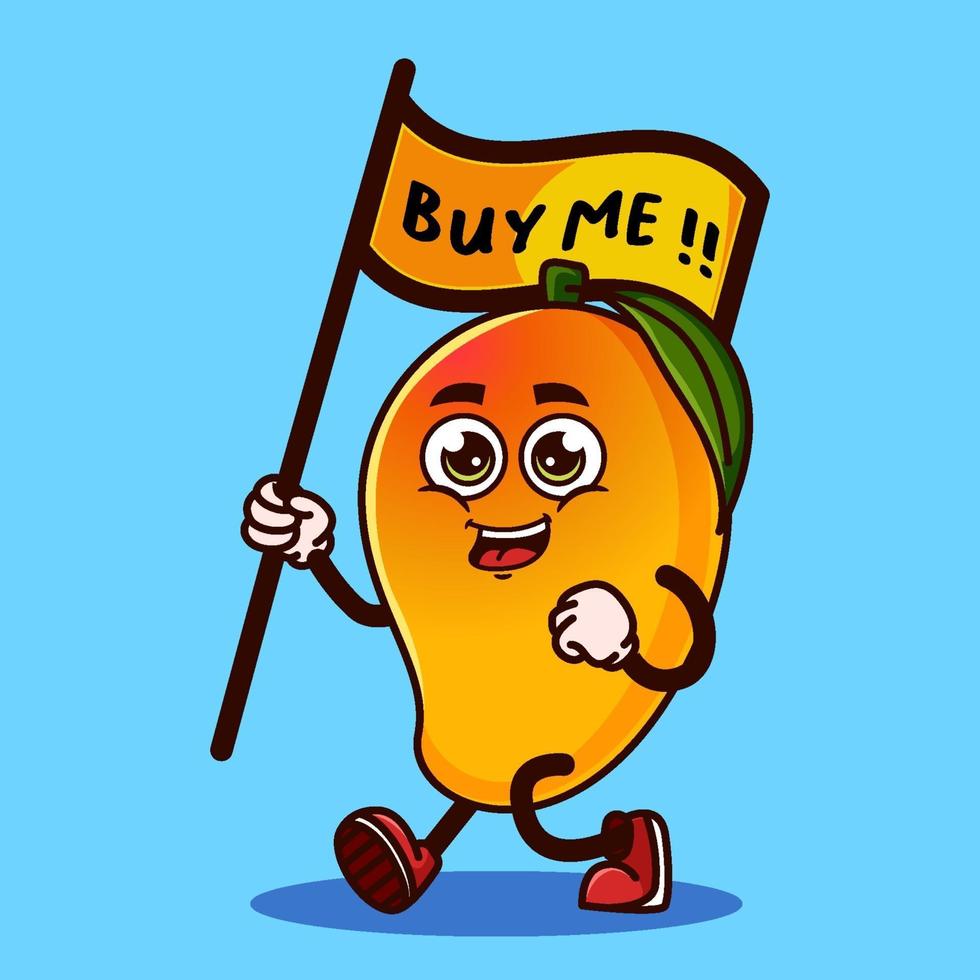 Cute Mango fruit character carrying a flag that says buy me. Fruit character icon concept isolated. Emoji Sticker. flat cartoon style Vector