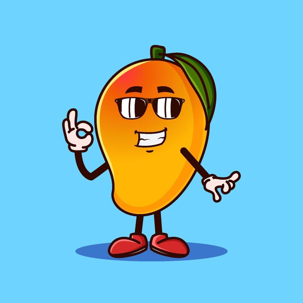 Cute Mango fruit character with eye glass and OK hand gesture. Fruit character icon concept isolated. flat cartoon style Premium Vector