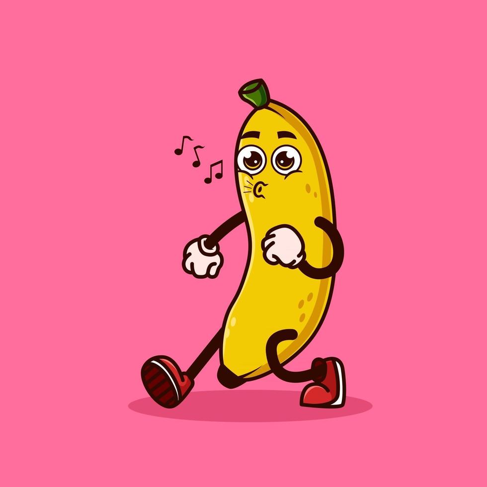 lindo personaje de fruta de plátano caminando con cara feliz. concepto de icono de personaje de fruta aislado. estilo de dibujos animados plana vector premium