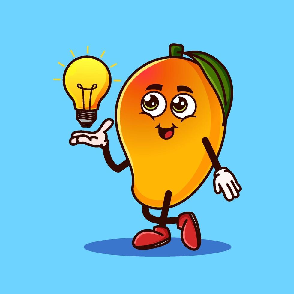 lindo personaje de fruta de mango con idea de bombilla en la mano. concepto de icono de personaje de fruta aislado. pegatina emoji. vector de estilo de dibujos animados plana