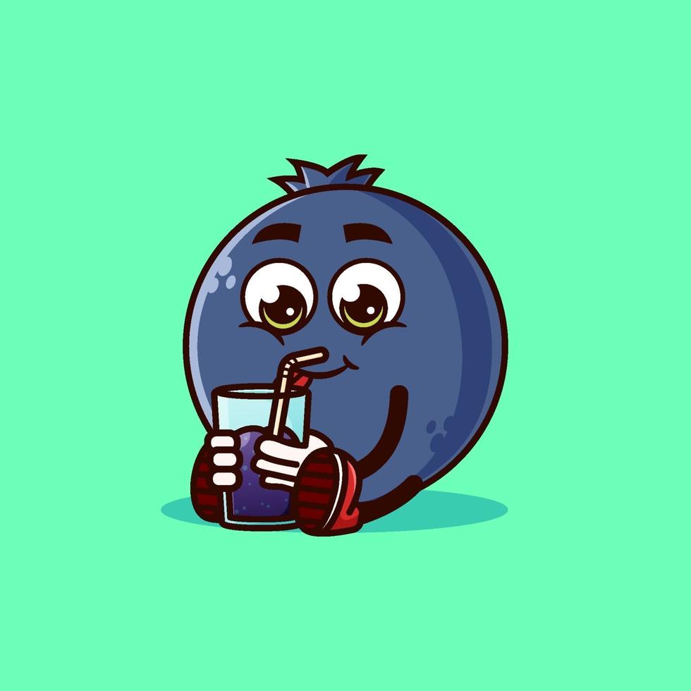 lindo personaje de fruta de arándano sentado con jugo de arándano. concepto de icono de personaje de fruta aislado. pegatina emoji. vector de estilo de dibujos animados plana