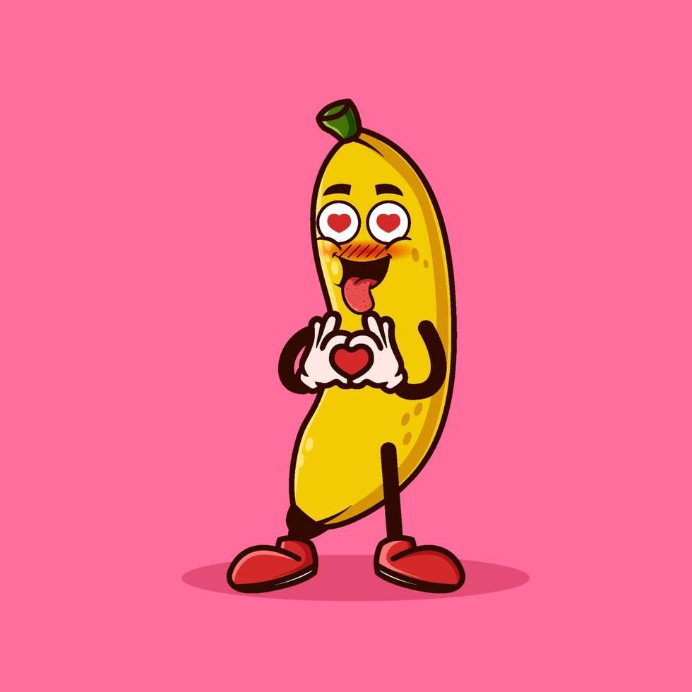 lindo personaje de fruta de plátano con gesto de amor. concepto de icono de personaje de fruta aislado. estilo de dibujos animados plana vector premium