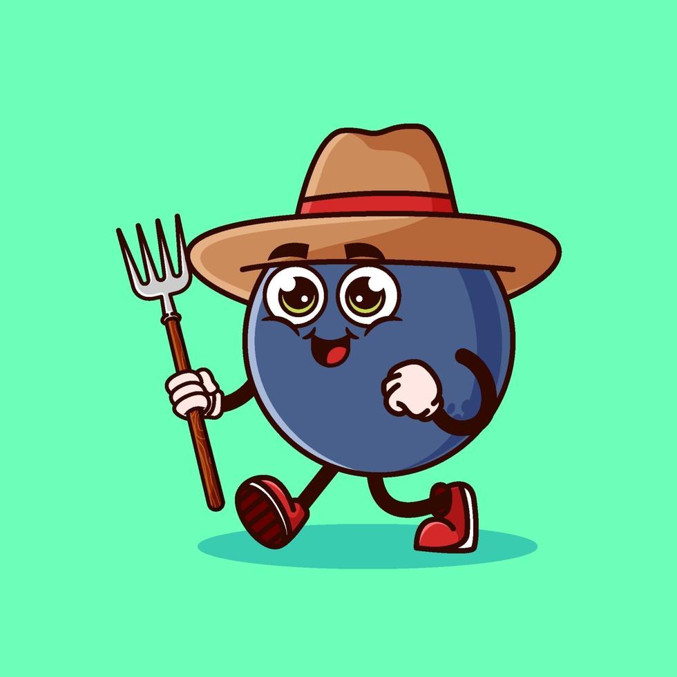 Cute Blueberry fruit Farmer character with pitchfork. Fruit character icon concept isolated. flat cartoon style Premium Vector