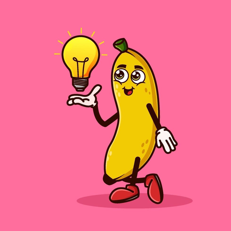 lindo personaje de fruta de plátano con idea de bombilla en la mano. concepto de icono de personaje de fruta aislado. pegatina emoji. vector de estilo de dibujos animados plana