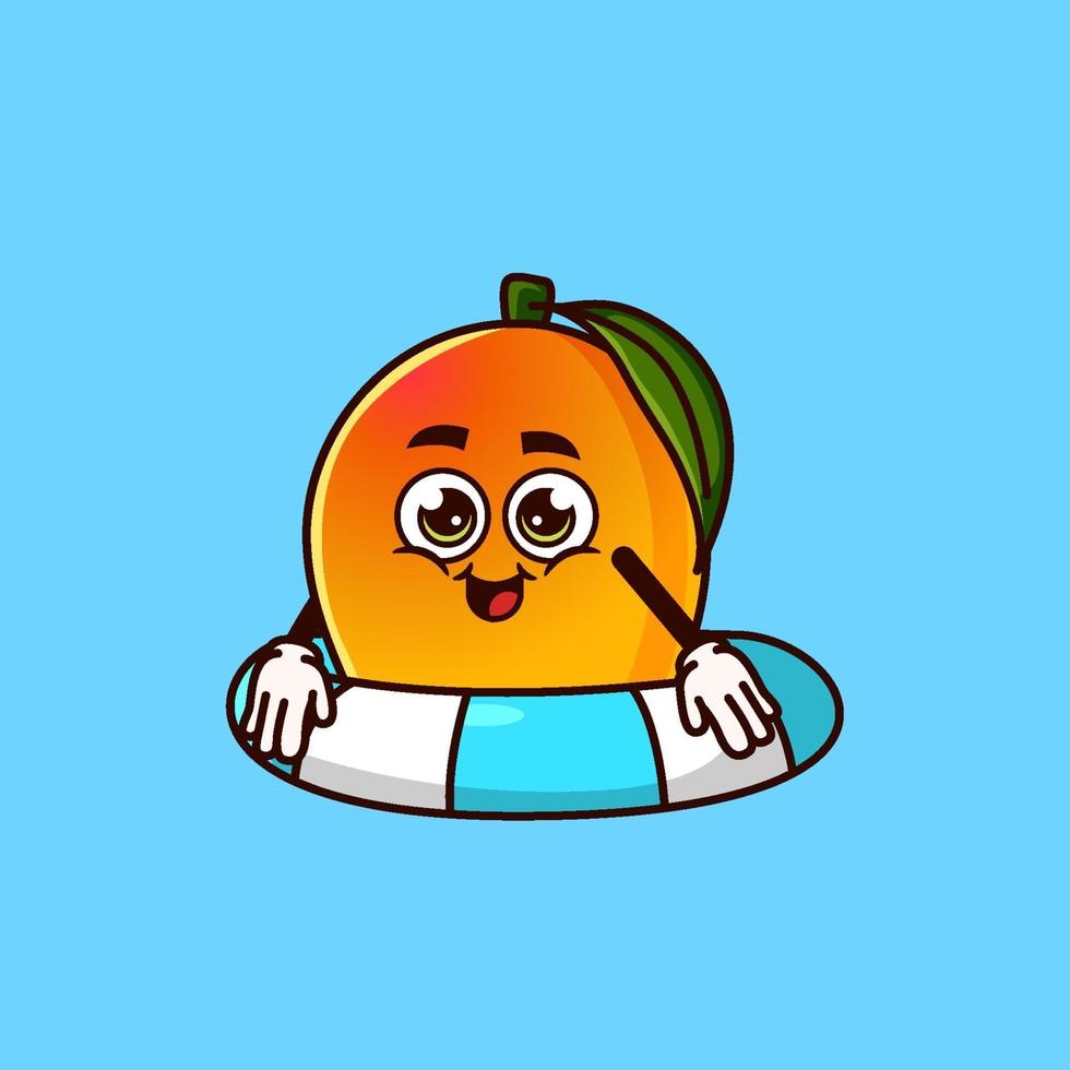 lindo personaje de fruta de mango con flotador de anillo de natación. concepto de icono de verano de frutas aislado. estilo de dibujos animados plana vector premium