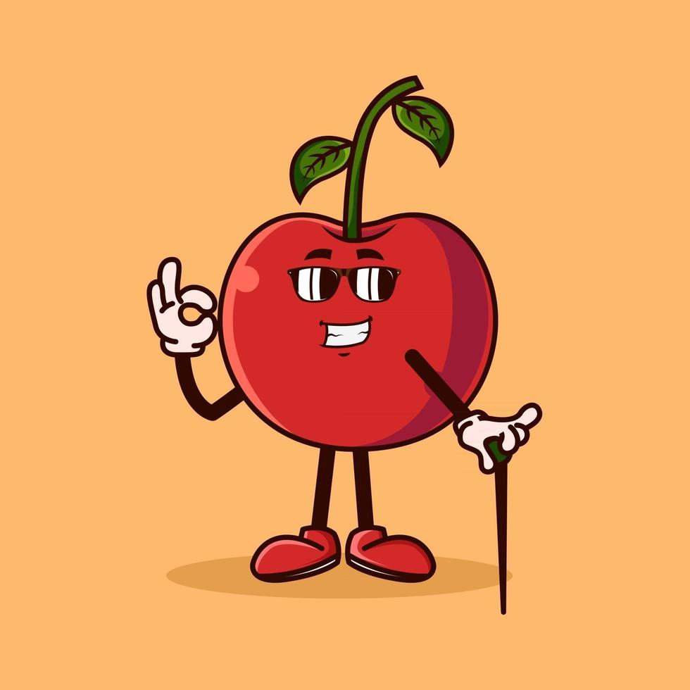 Lindo personaje de fruta de cereza con gafas y gesto de mano ok. concepto de icono de personaje de fruta aislado. estilo de dibujos animados plana vector premium