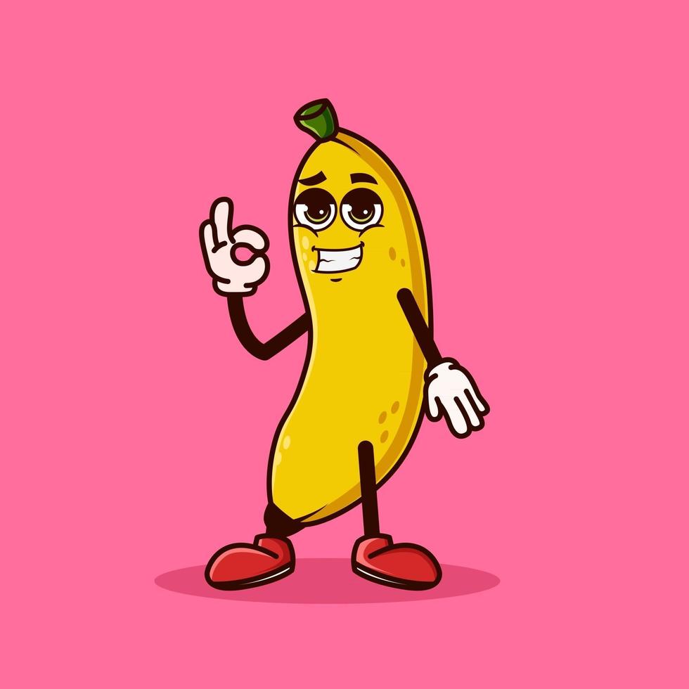 lindo personaje de fruta de plátano con emoji genial y muestra un gesto bien. concepto de icono de personaje de fruta aislado. pegatina emoji. vector de estilo de dibujos animados plana