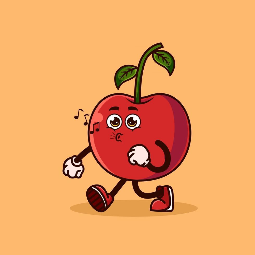 Lindo personaje de fruta de cereza caminando con cara feliz. concepto de icono de personaje de fruta aislado. estilo de dibujos animados plana vector premium