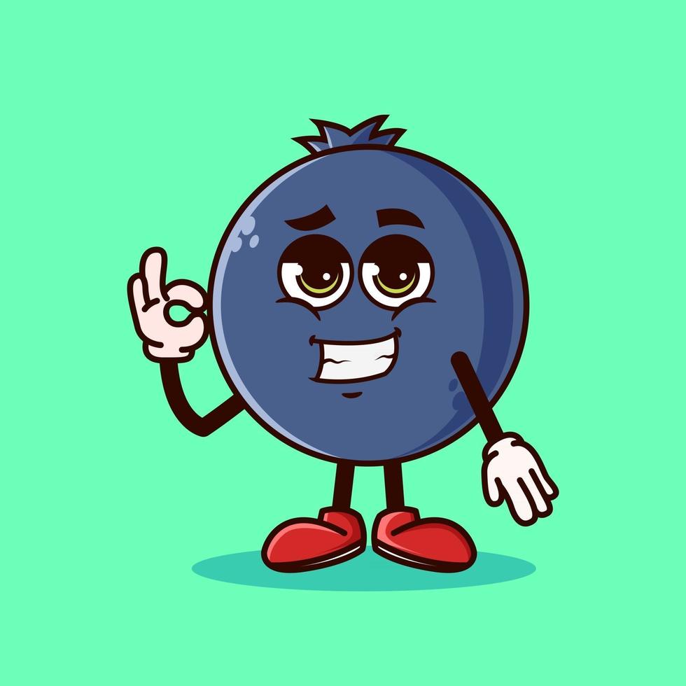 Cute Blueberry fruit character with cool emoji and show gesture OK. Fruit character icon concept isolated. Emoji Sticker. flat cartoon style Vector