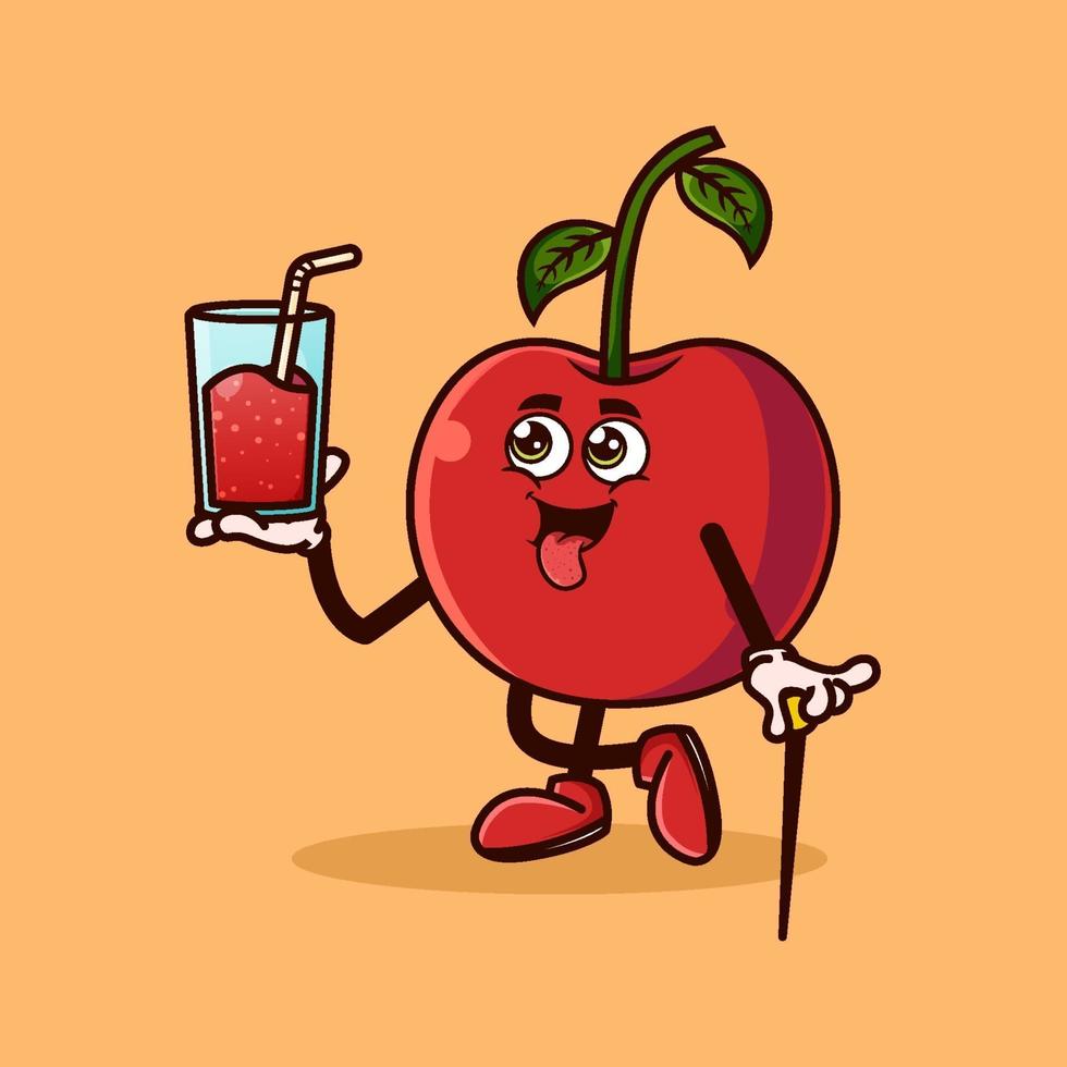 Cute Cherry fruit character with Cherry juice on hand. Fruit character icon concept isolated. flat cartoon style Premium Vector