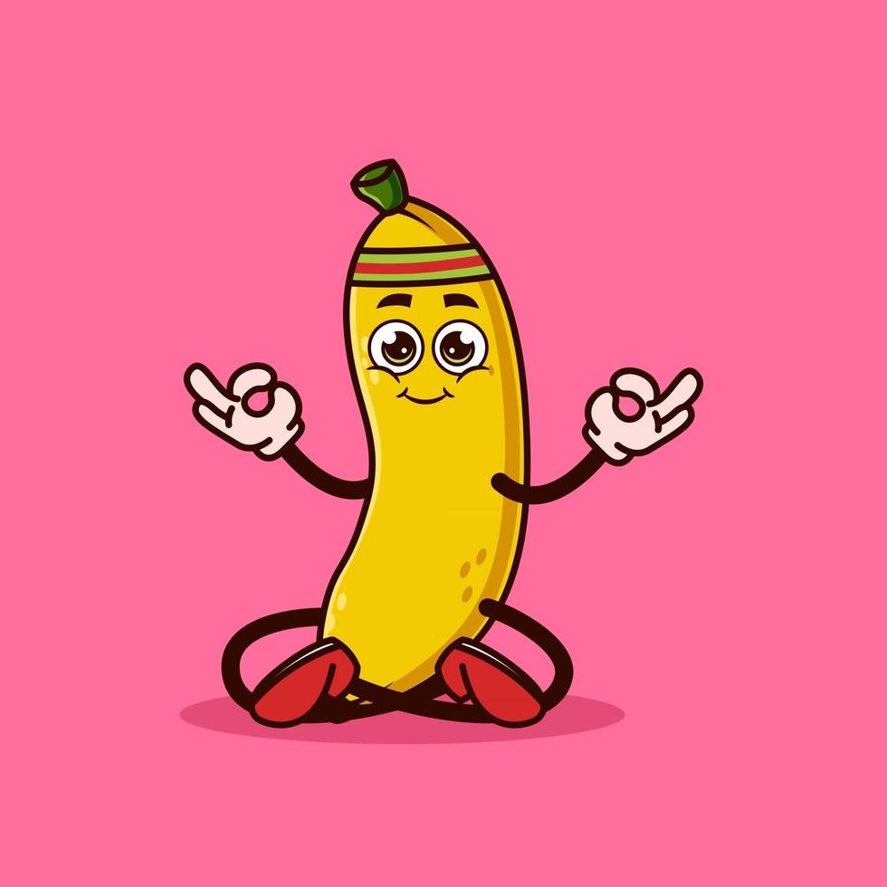 Linda meditación de personaje de fruta de plátano. concepto de icono de personaje de fruta aislado. pegatina emoji. vector de estilo de dibujos animados plana